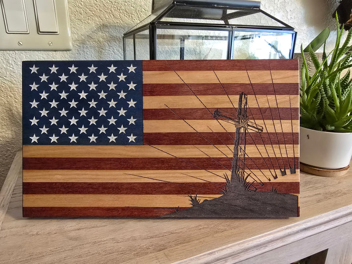 God &amp; Country Wood Desktop Flag