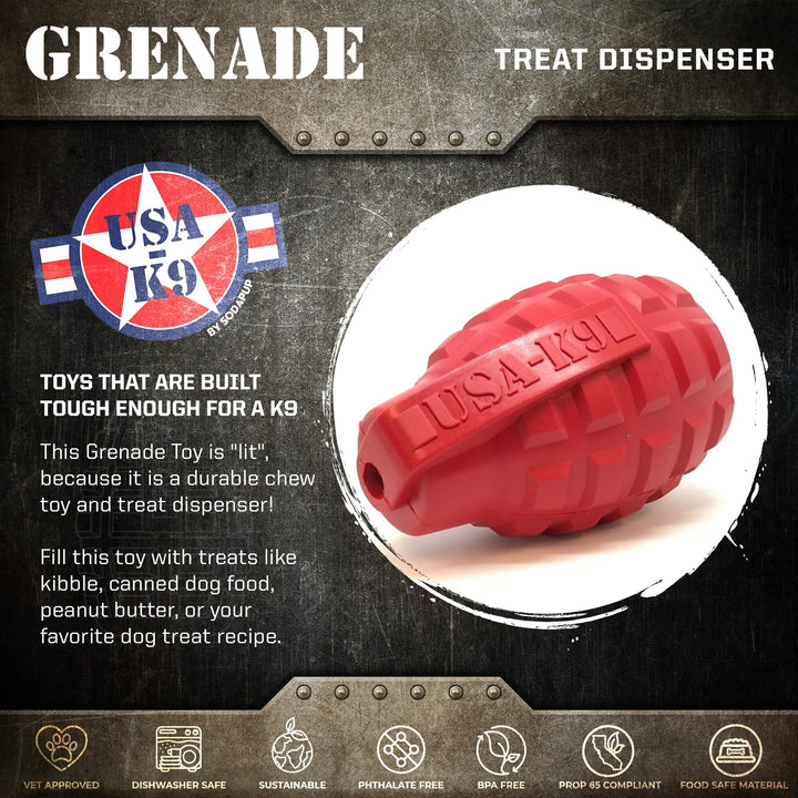 USA-K9 Grenade Shaped eDispenser Durable Dog Chew Toy &amp; Treat Dispenser - Magnum Black