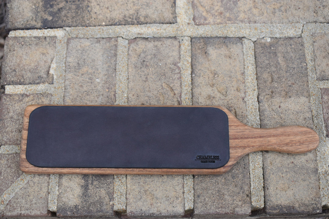 Leather Stropping Block - Solid Oak &amp; English Bridle Leather for Hunting Knives