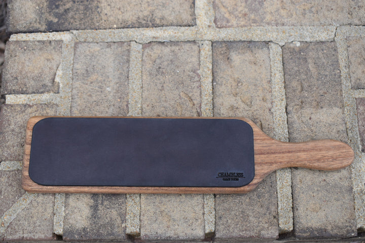 Leather Stropping Block - Solid Oak &amp; English Bridle Leather for Hunting Knives