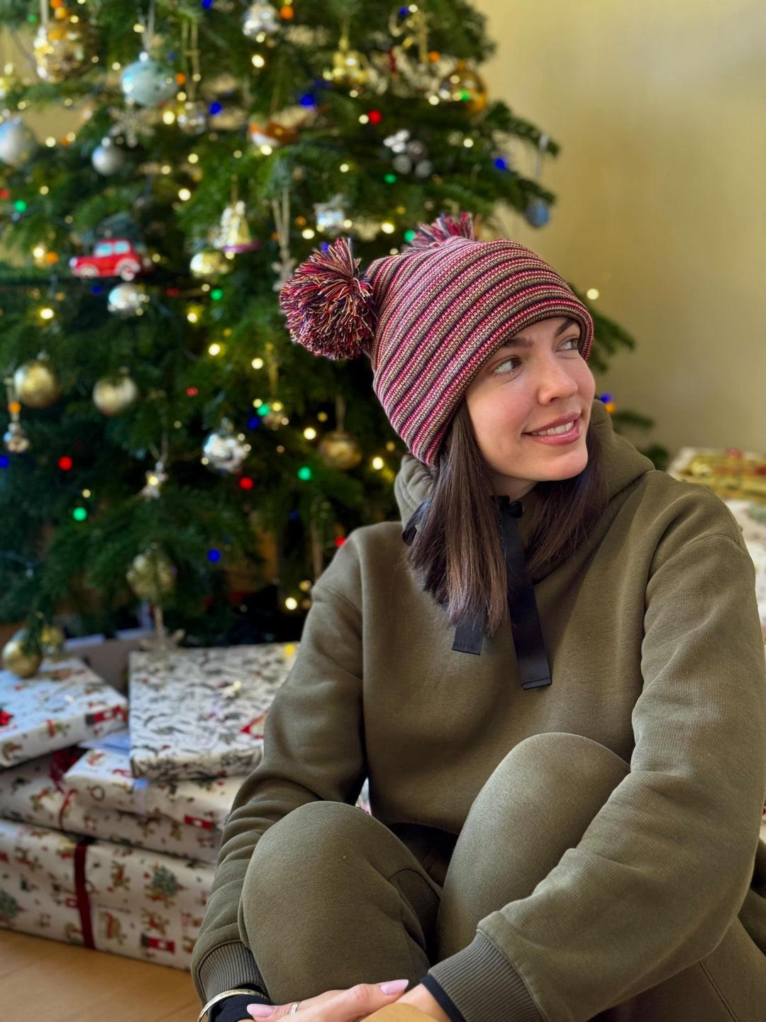 Double Pom Pom H Stitch Beanie, Multi Color Knit Winter Hat- Made in USA